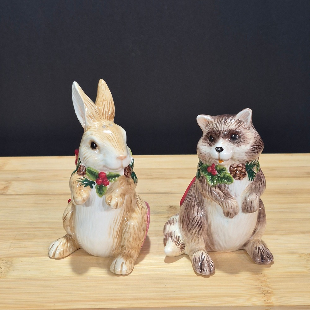 Vtg 90s Holiday Fitz & Floyd Woodland Raccoon And Rabbit Salt And Pepper Shakers